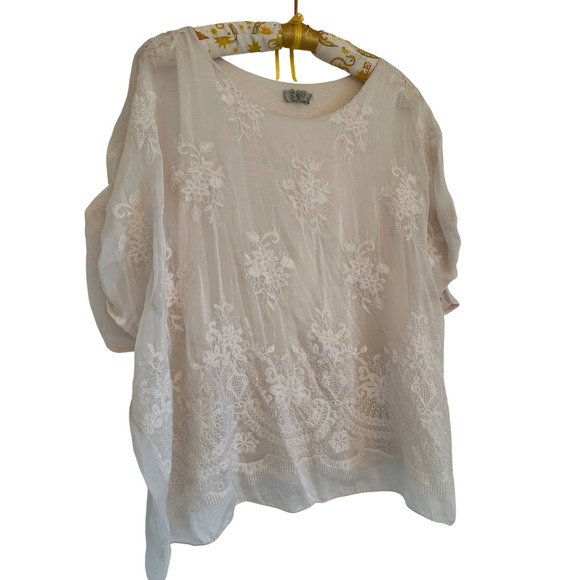 Angela Moda Italy Silk Blend Floral Embroidery Lace Blouse Cream Women L Cottage - Picture 2 of 7